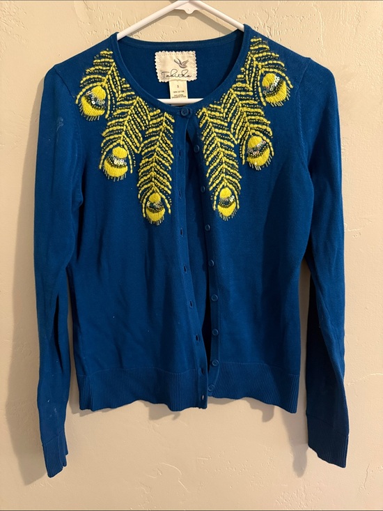 Anthropologie Sweaters - Anthropologie Tabitha Blue Cardigan with Yellow-Green Peacock Embellishment
